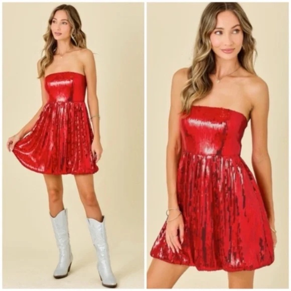 Red Sequin Metallic Strapless Bubble Hem Holiday Cocktail Party Dress - Picture 1 of 4